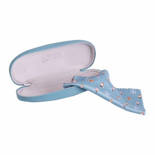Open light blue glasses case with polishing cloth featuring fox patterndesign