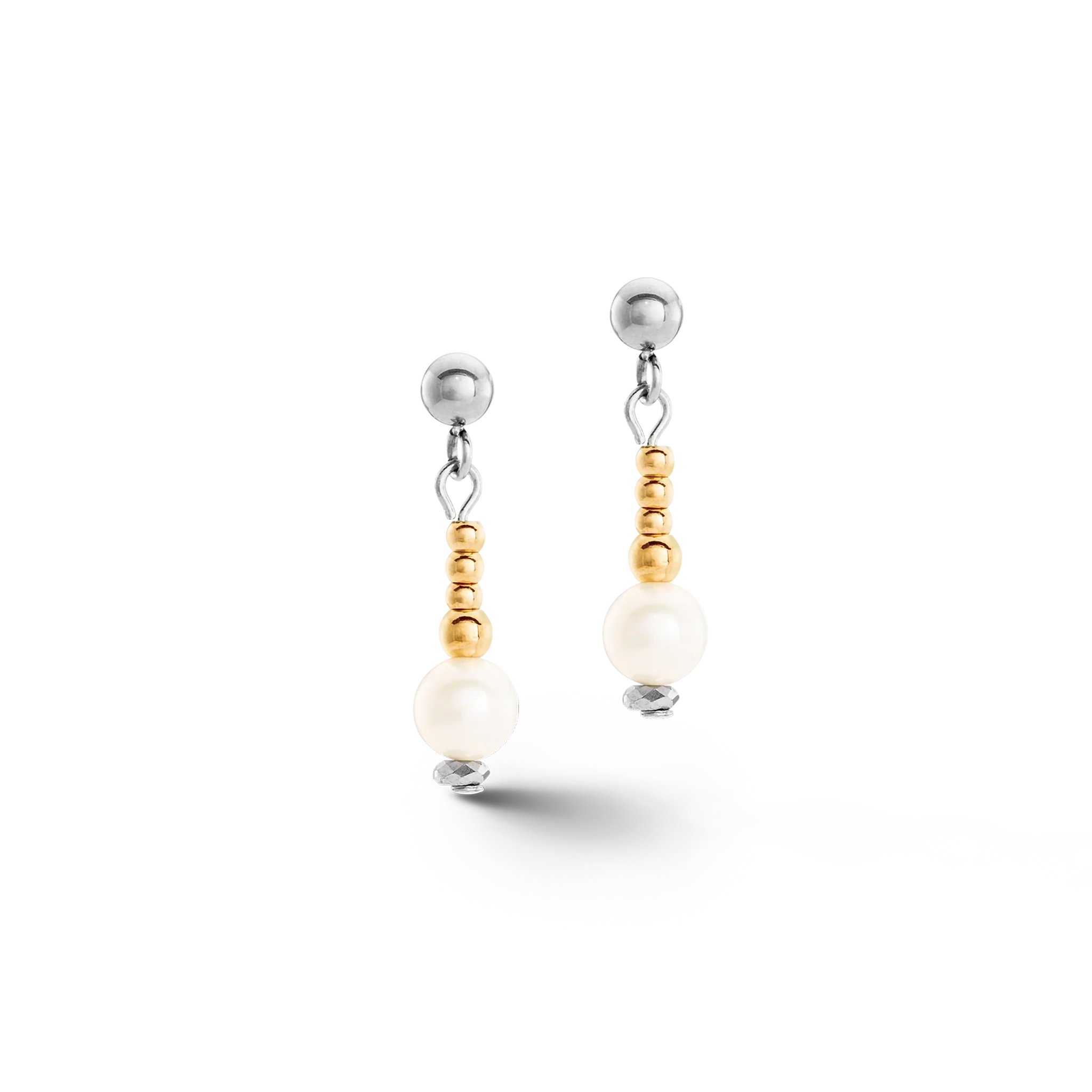A pair of silver and gold beaded earrings with round freshwater pearls at the ends
