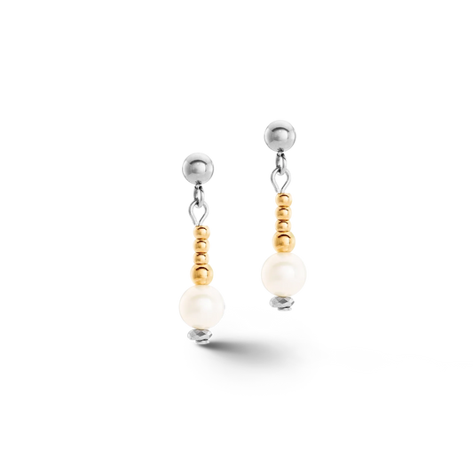 A pair of silver and gold beaded earrings with round freshwater pearls at the ends