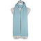 A light blue scarf with chevron pattern and short white fringe