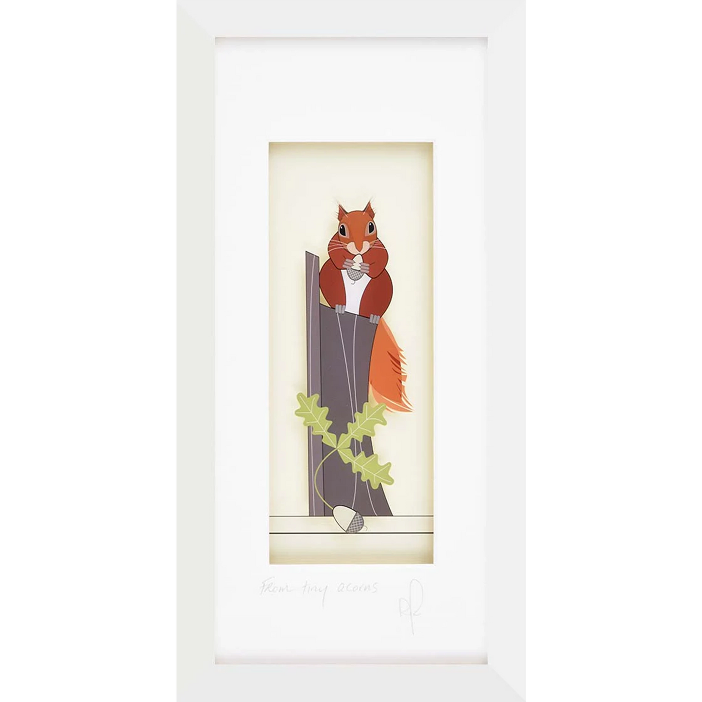 Rectangular framed acrylic artwork of a red squirrel on a stump eating and acorn