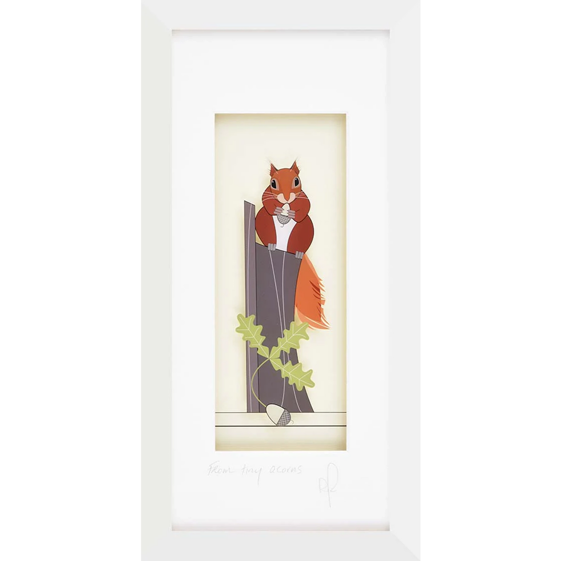 Rectangular framed acrylic artwork of a red squirrel on a stump eating and acorn