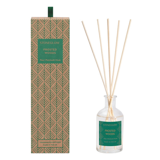 A glass reed diffuser with a box decorated with Scandi style green trees