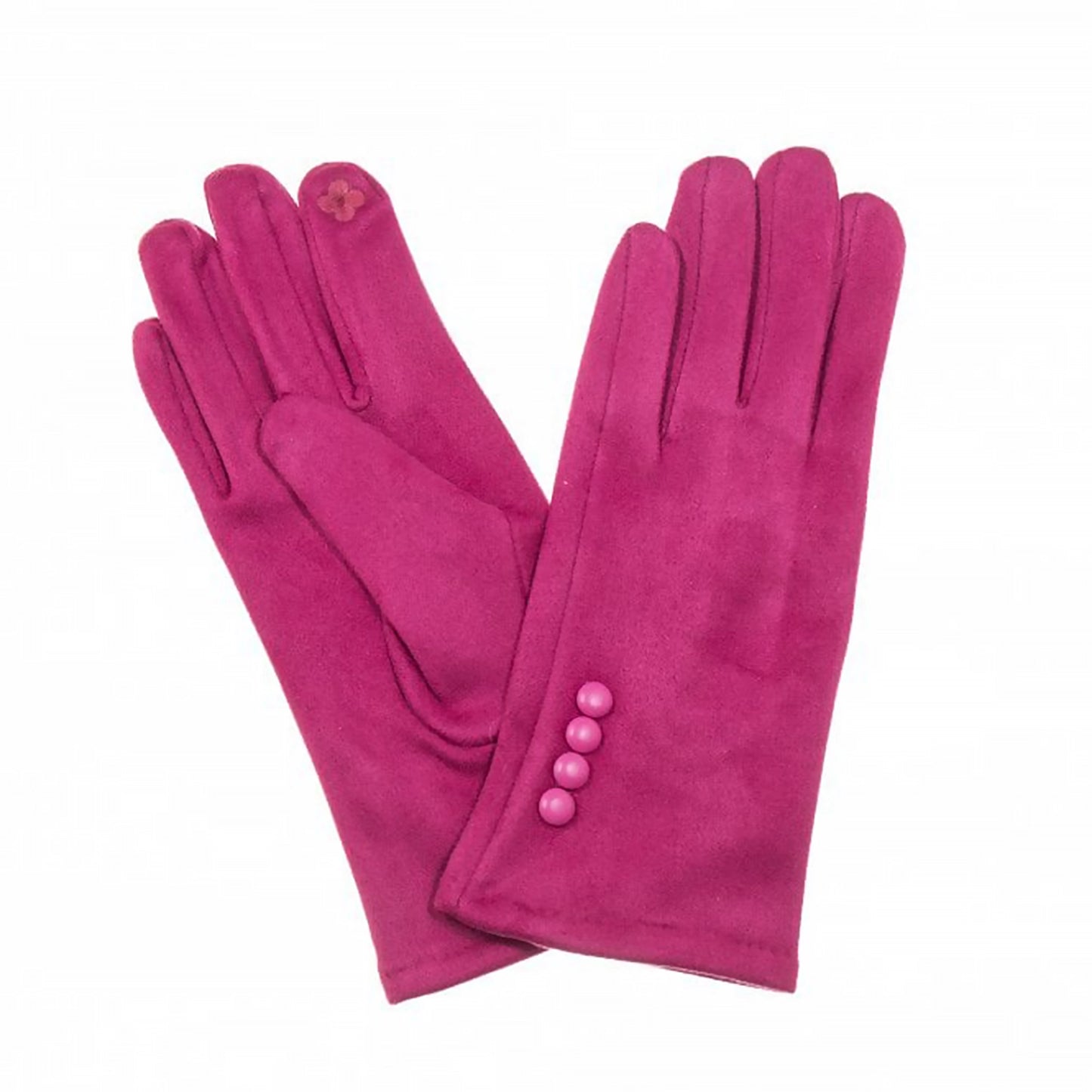 A pair of fuchsia pink faux suede gloves with button details on the cuff