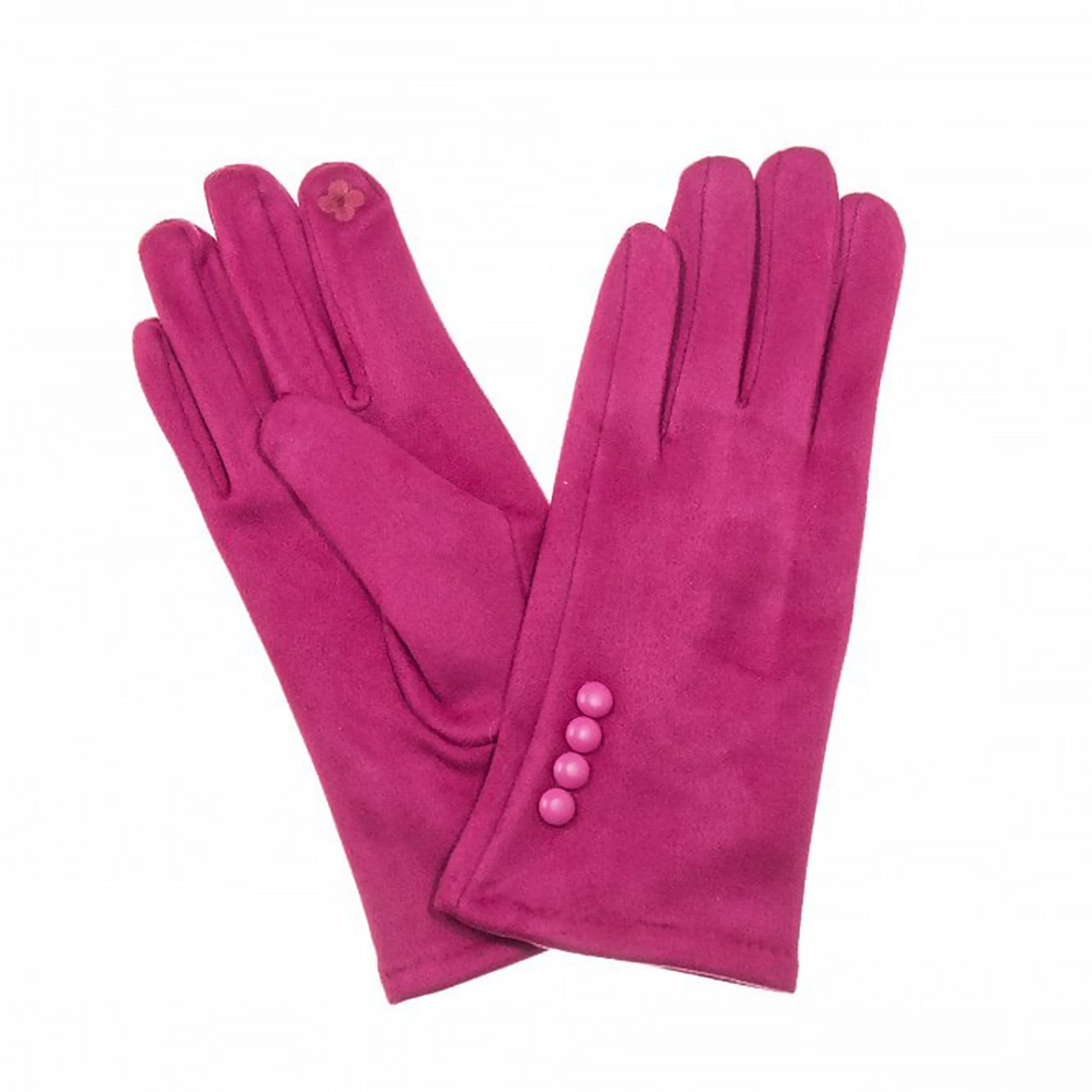A pair of fuchsia pink faux suede gloves with button details on the cuff