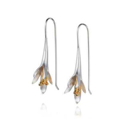Satin silver fuchsia shaped earrings with gold stamen and long hooks