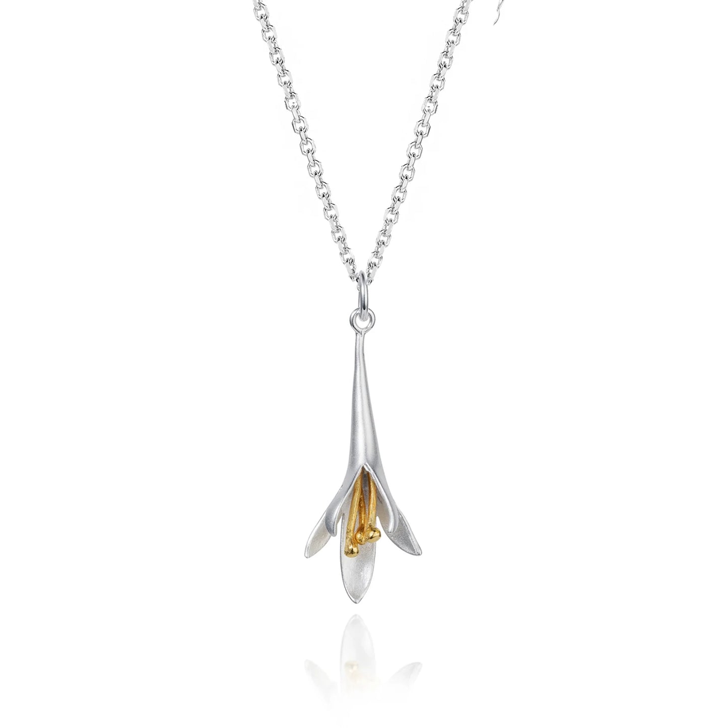 Satin silver fuchsia shaped pendant with gold stamen and silver chain