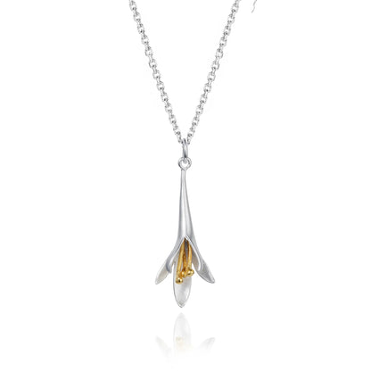 Satin silver fuchsia shaped pendant with gold stamen and silver chain