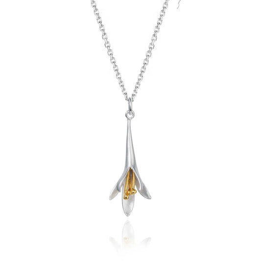 Satin silver fuchsia shaped pendant with gold stamen and silver chain