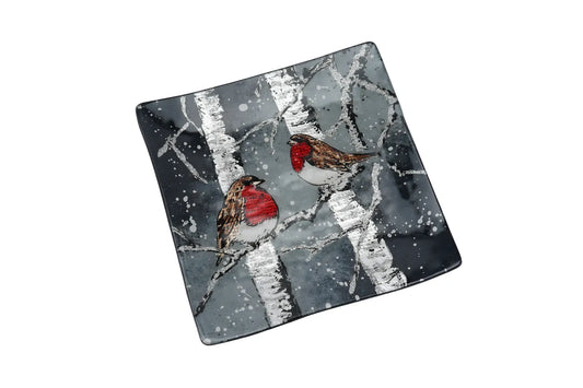 Winter Robin Medium Square Glass Plate