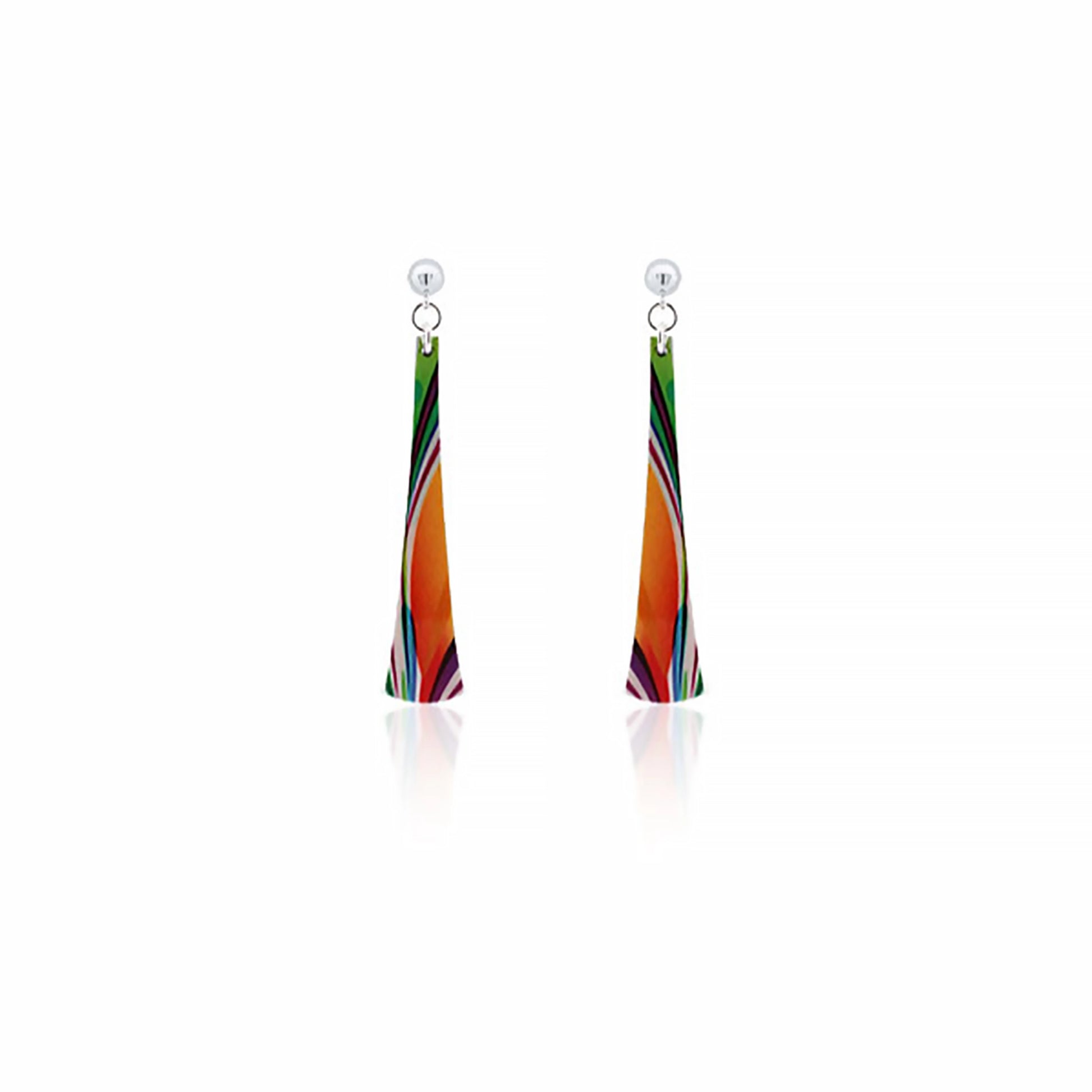 A pair of long bell curved earrings with abstract pattern in orange with streaks of other colours