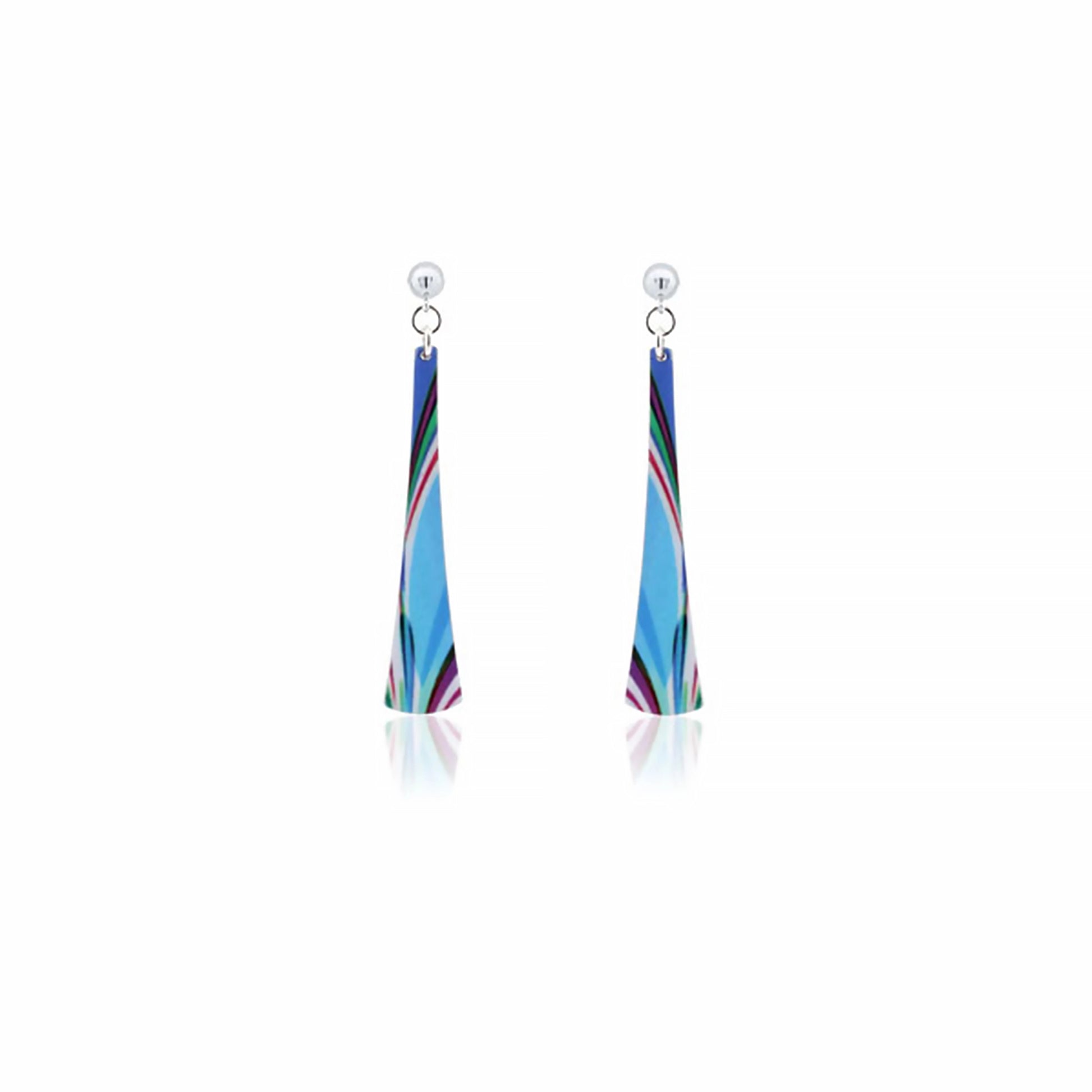 A pair of long bell curved earrings with abstract pattern in turquoise with streaks of other colours