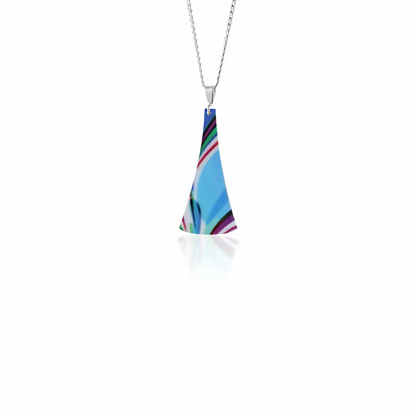 Turquoise aluminium pendant with multicoloured streaks in an abstract pattern, on a silver chain