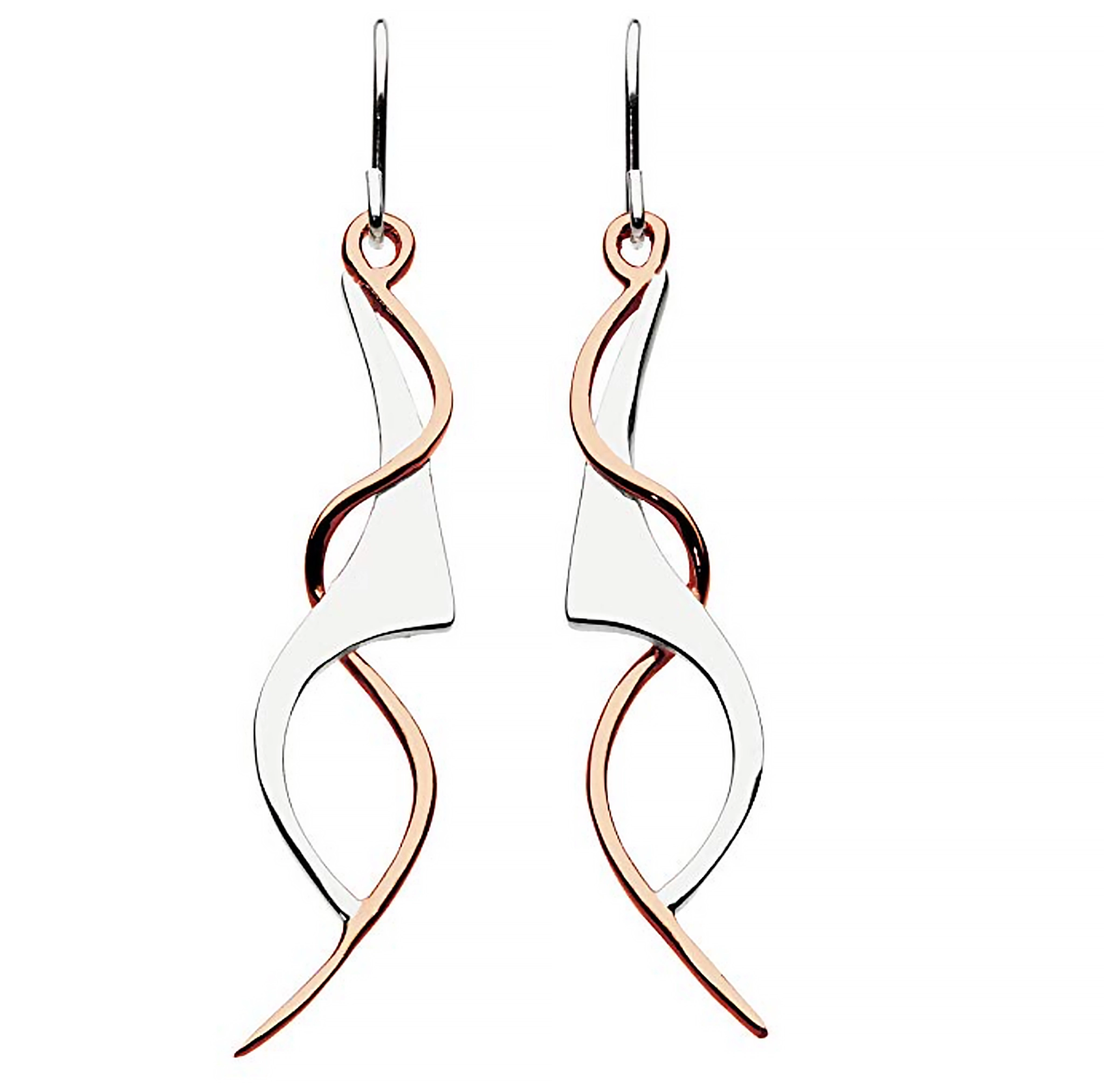A pair of art nouveau style drop earrings with a rose gold twist detail on polished silver