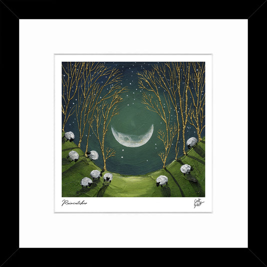 Square framed print with gold embellished trees and sheep in a field