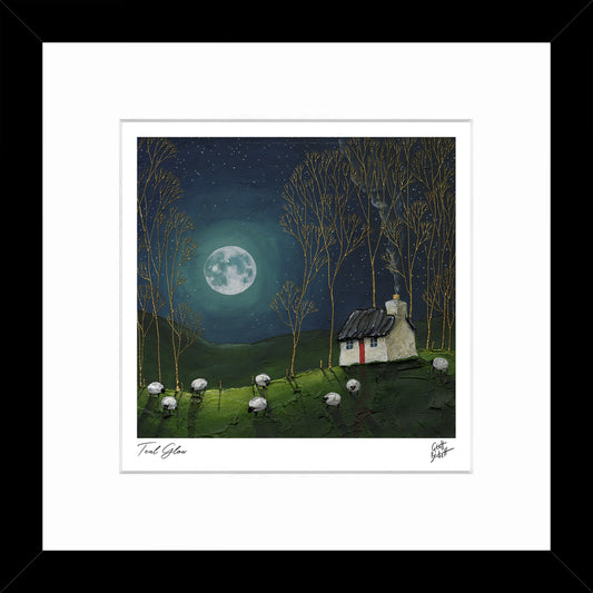 Square framed print with gold embellished trees and sheep in a field and a little cottage