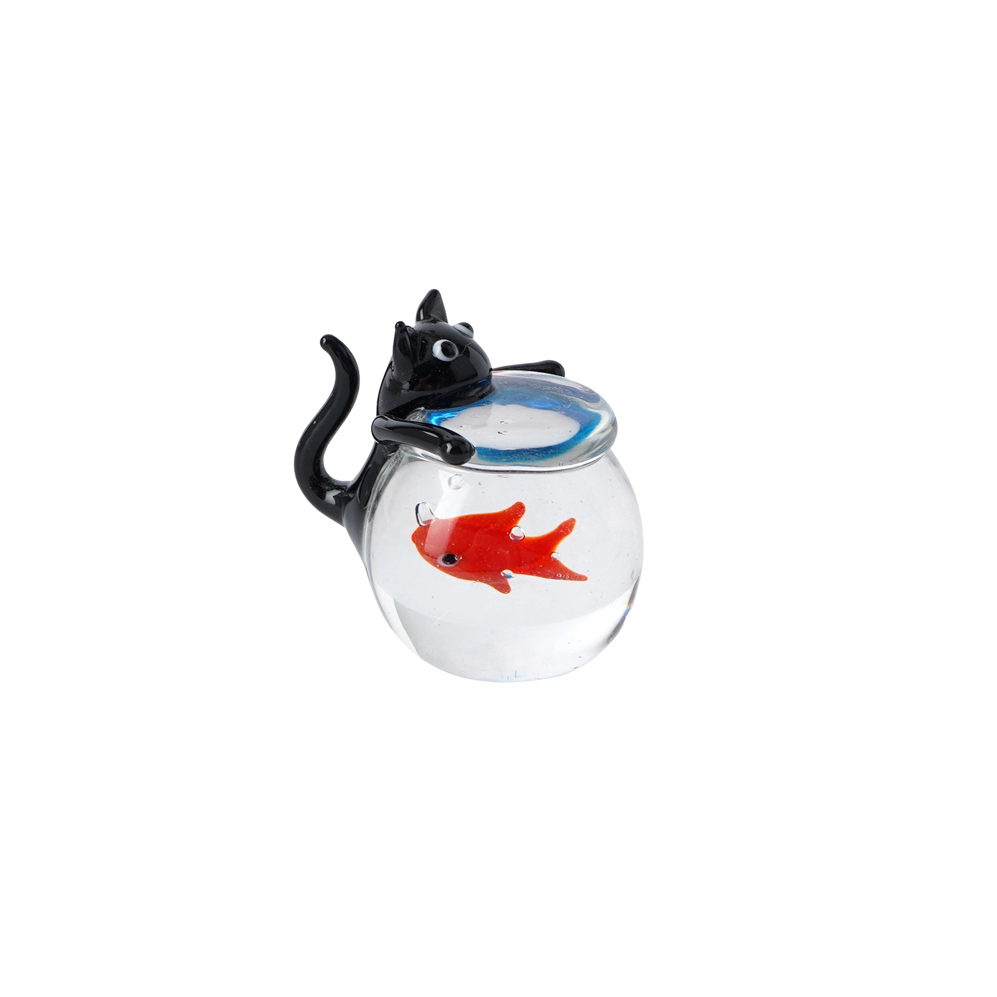 Little glass ornament with black cat looking at a goldfish in a bowl
