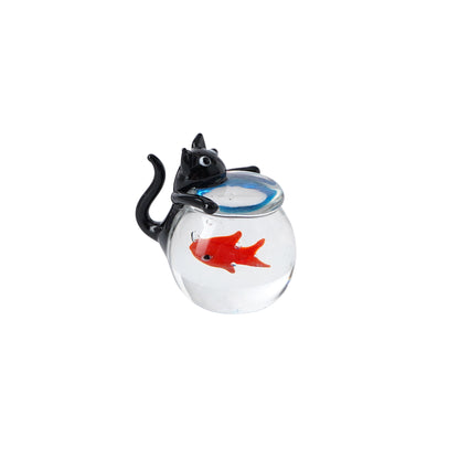 Little glass ornament with black cat looking at a goldfish in a bowl