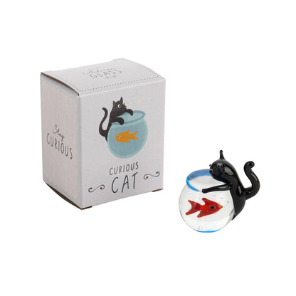 Black cat looking in a goldfish bowl glass figurine with matching gift box