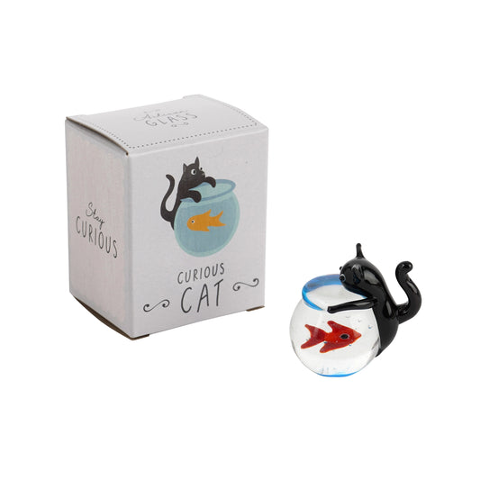 Black cat looking in a goldfish bowl glass figurine with matching gift box