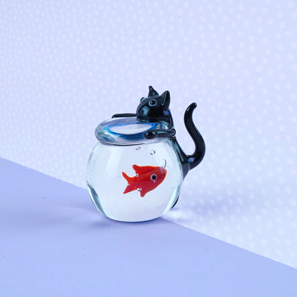 Glass Figurine Ornament | Black Cat & Fish Bowl