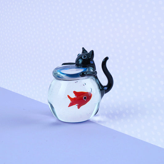 Glass Figurine Ornament | Black Cat & Fish Bowl