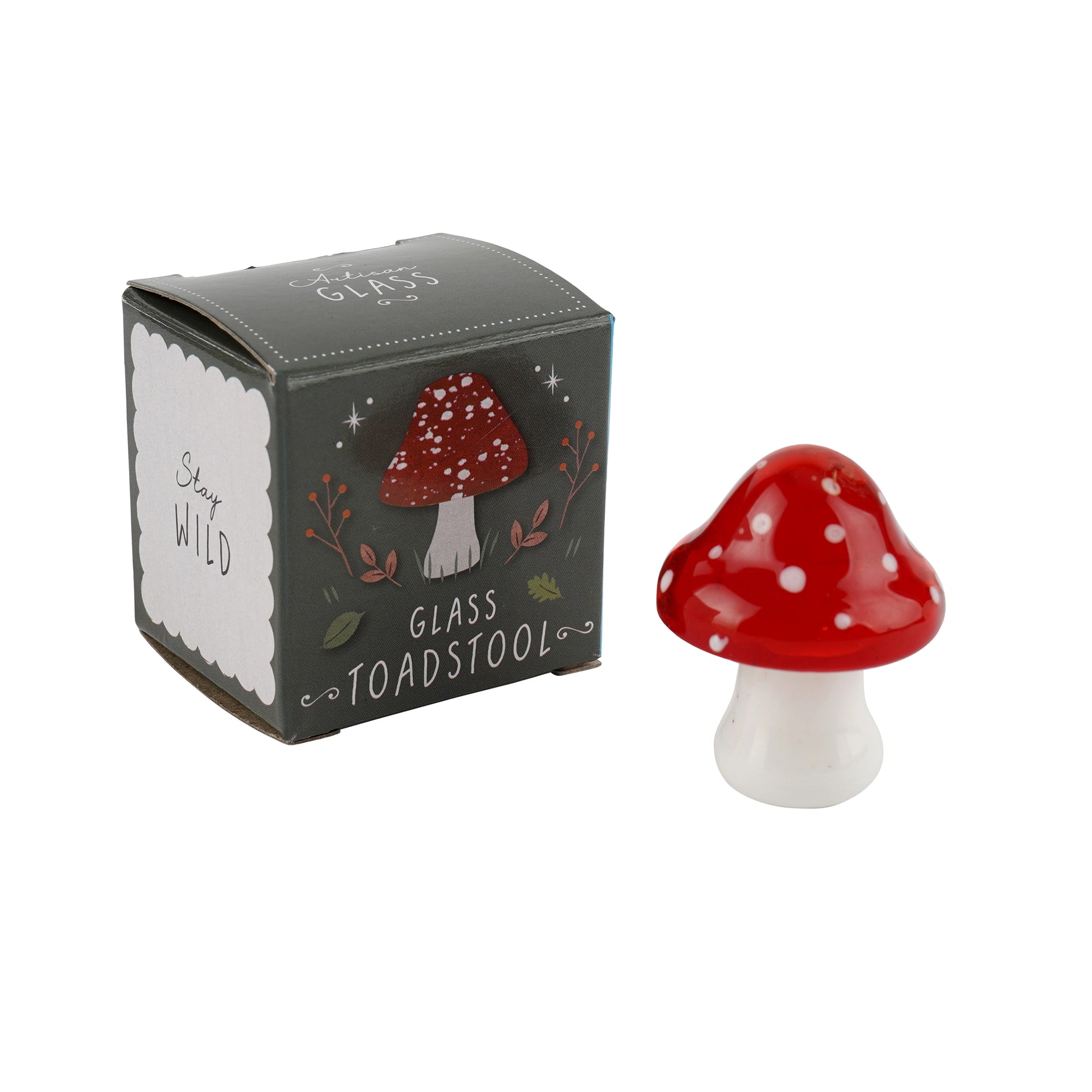 Glass red toadstool with white spots and matching gift box