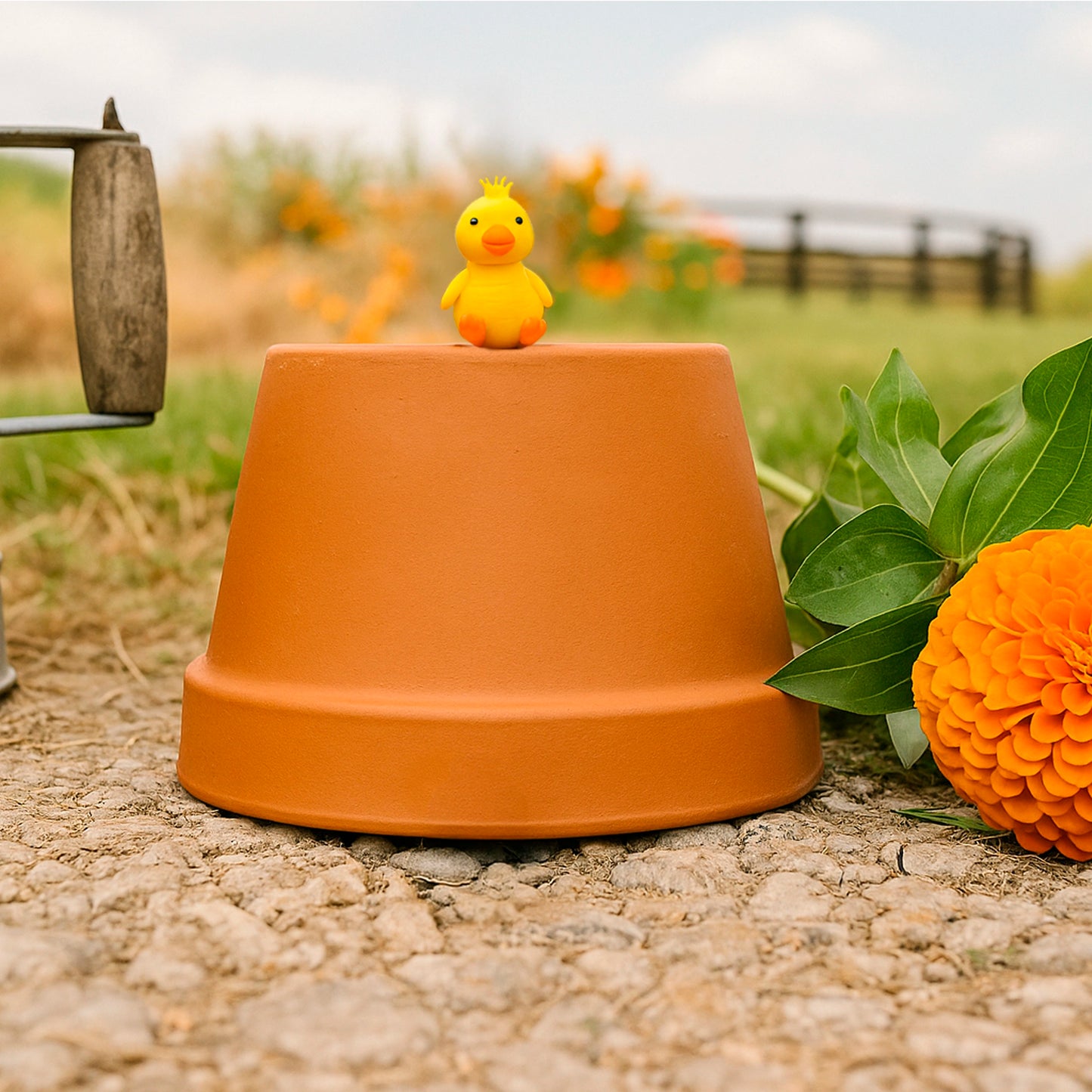 Yellow glass chick on a terracotta plant pot