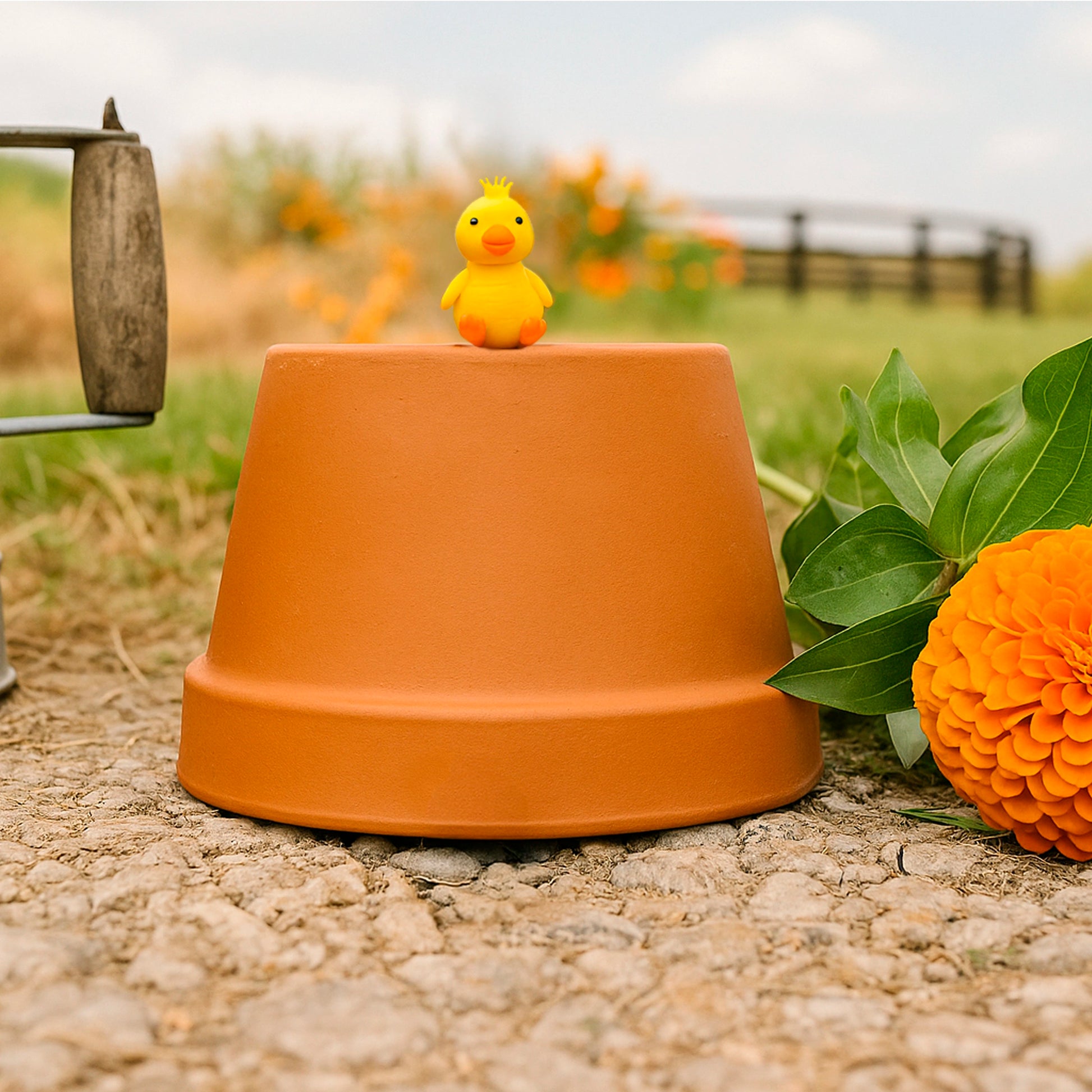 Yellow glass chick on a terracotta plant pot