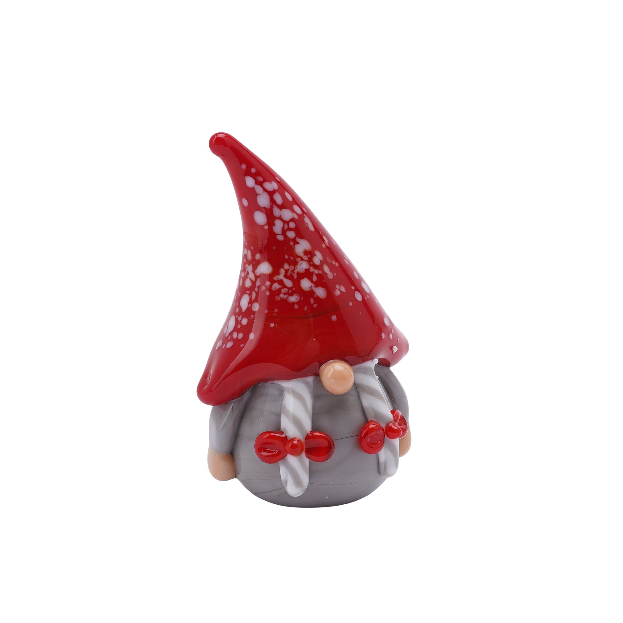 Small glass ornament of a gonk with braids, a red speckled hat and a grey dress turned right