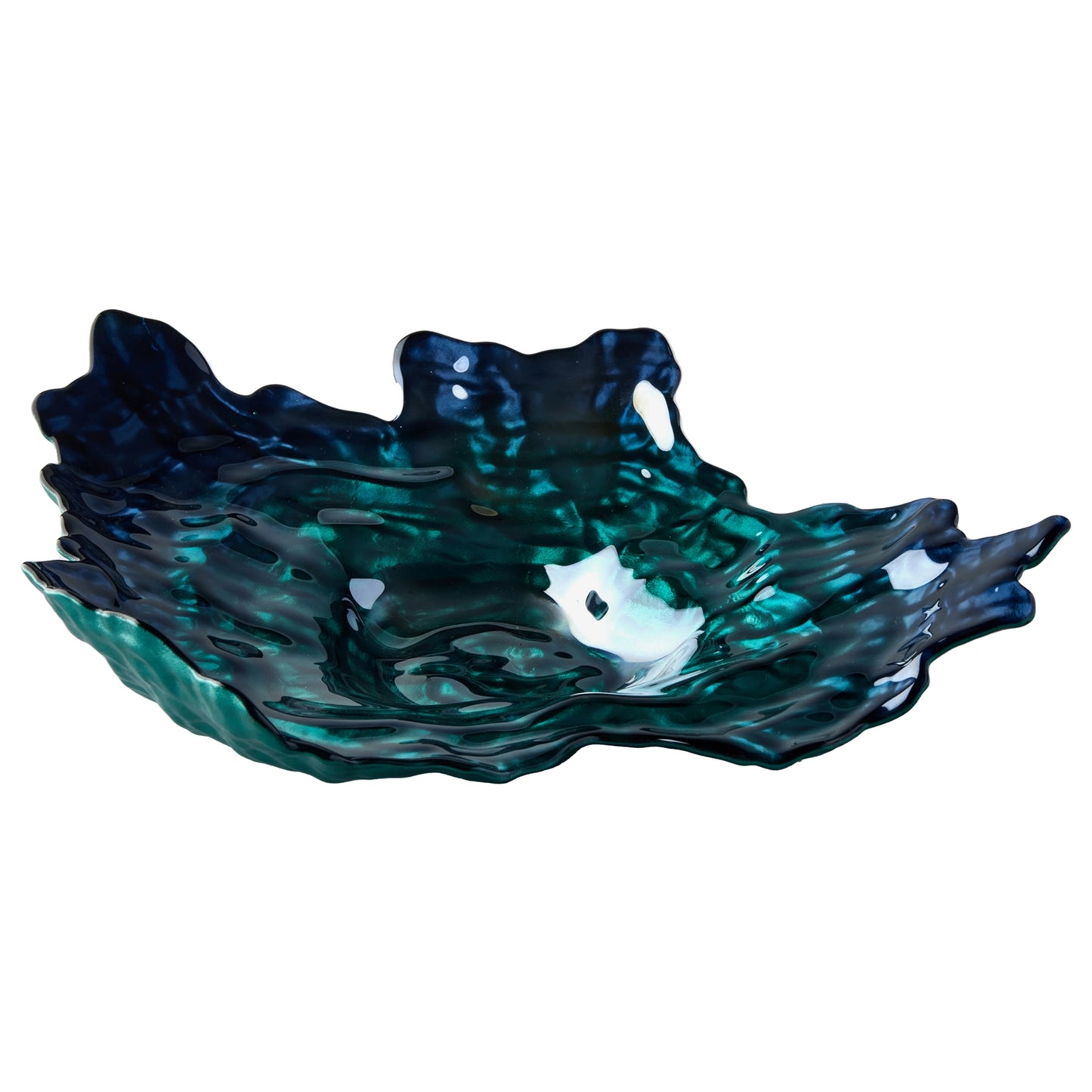 Decorative oyster shaped bowl with pearlescent turquoise and blue colours side