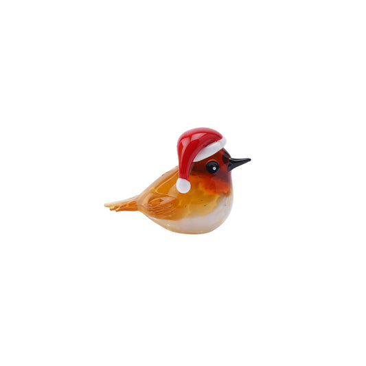 A glass robin ornament with santa