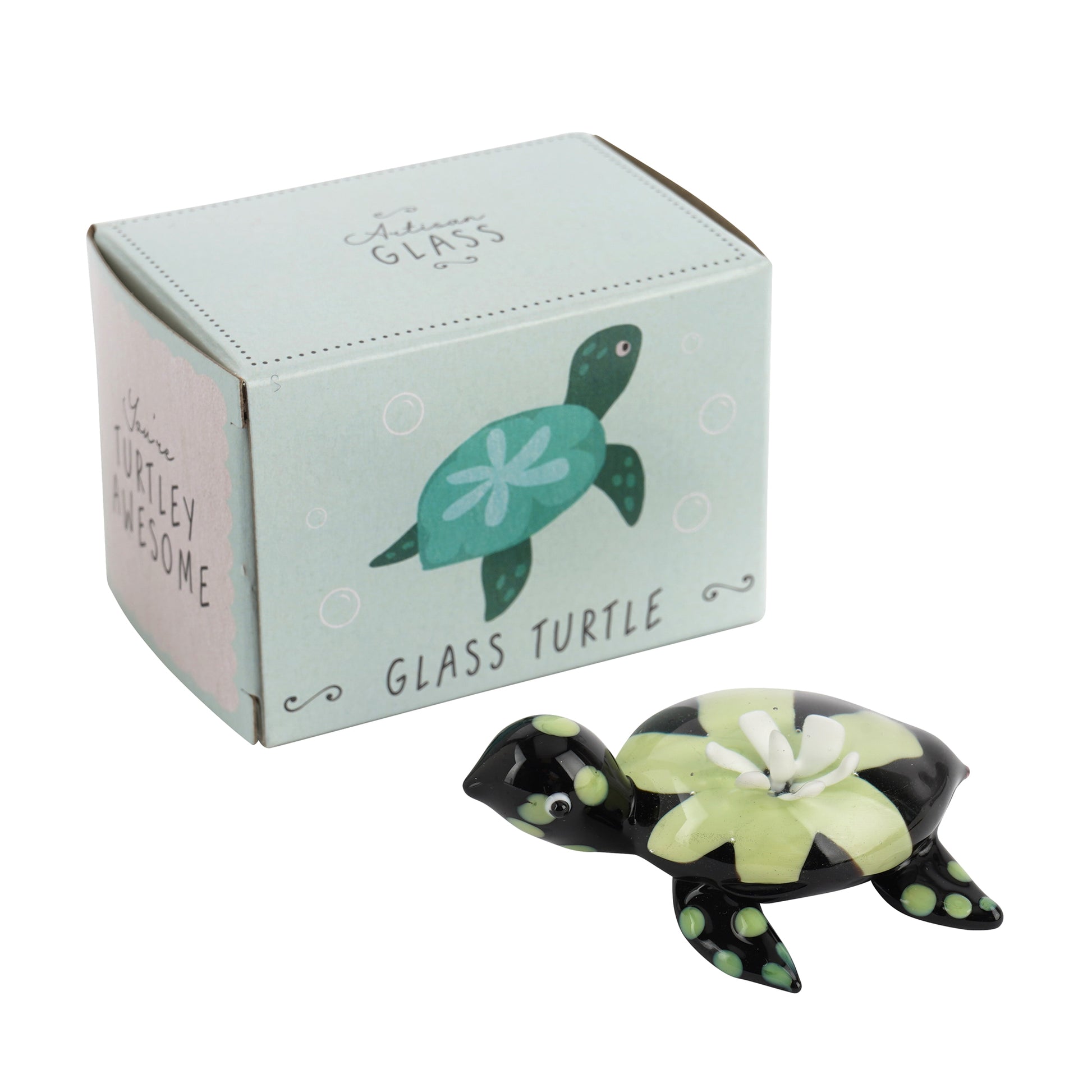 Glass turtle ornament with flower shell and box