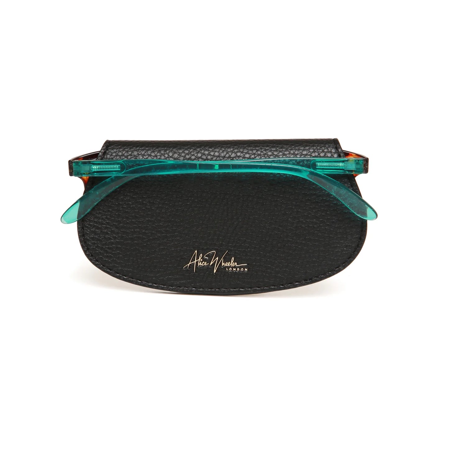 Faux leather black coloured glasses case with glasses inside and Alice Wheeler logo in gold
