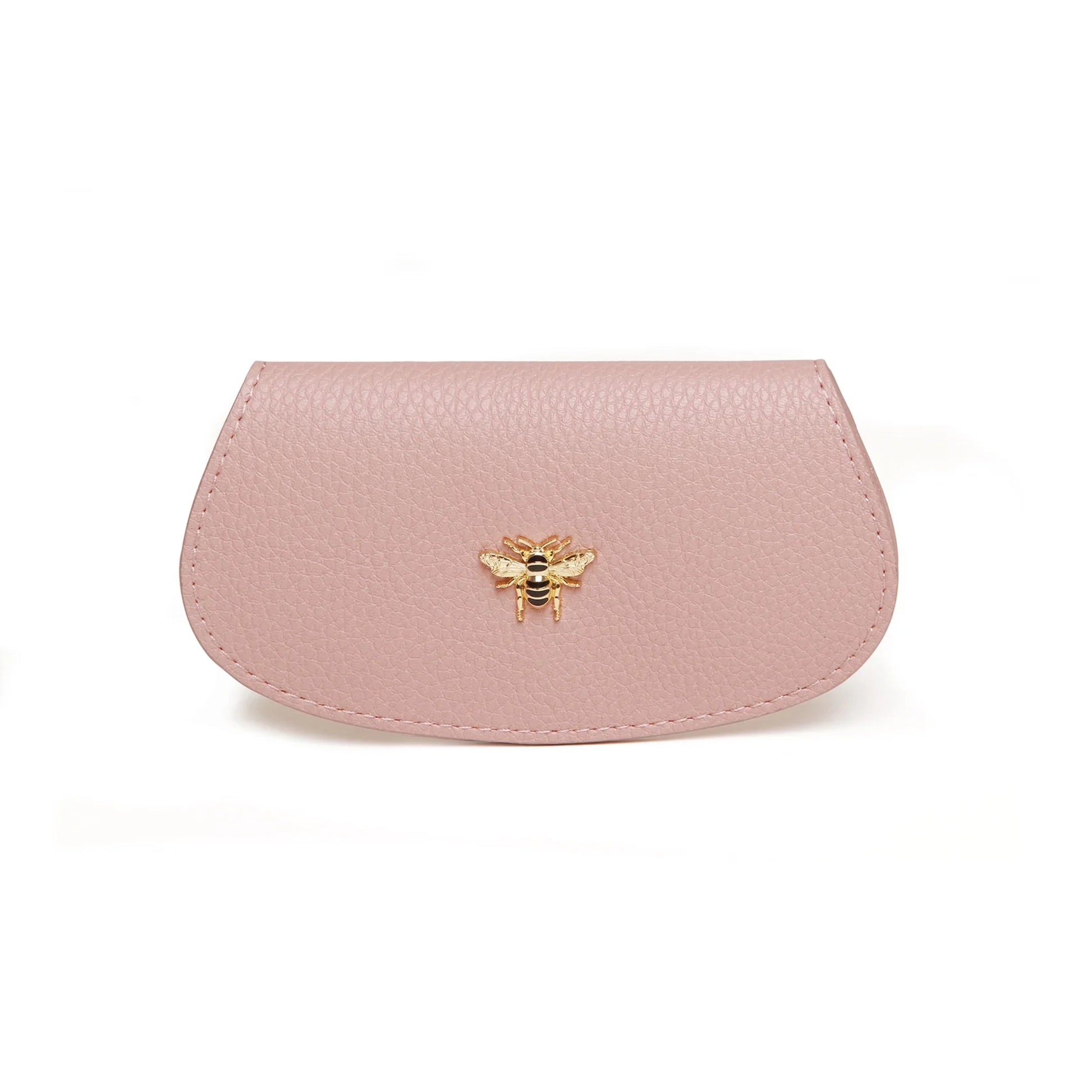 Faux leather pink coloured glasses case with gold honey bee charm