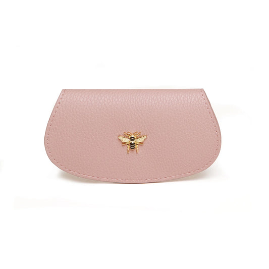 Faux leather pink coloured glasses case with gold honey bee charm