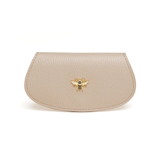 Faux leather stone coloured glasses case with gold honey bee charm