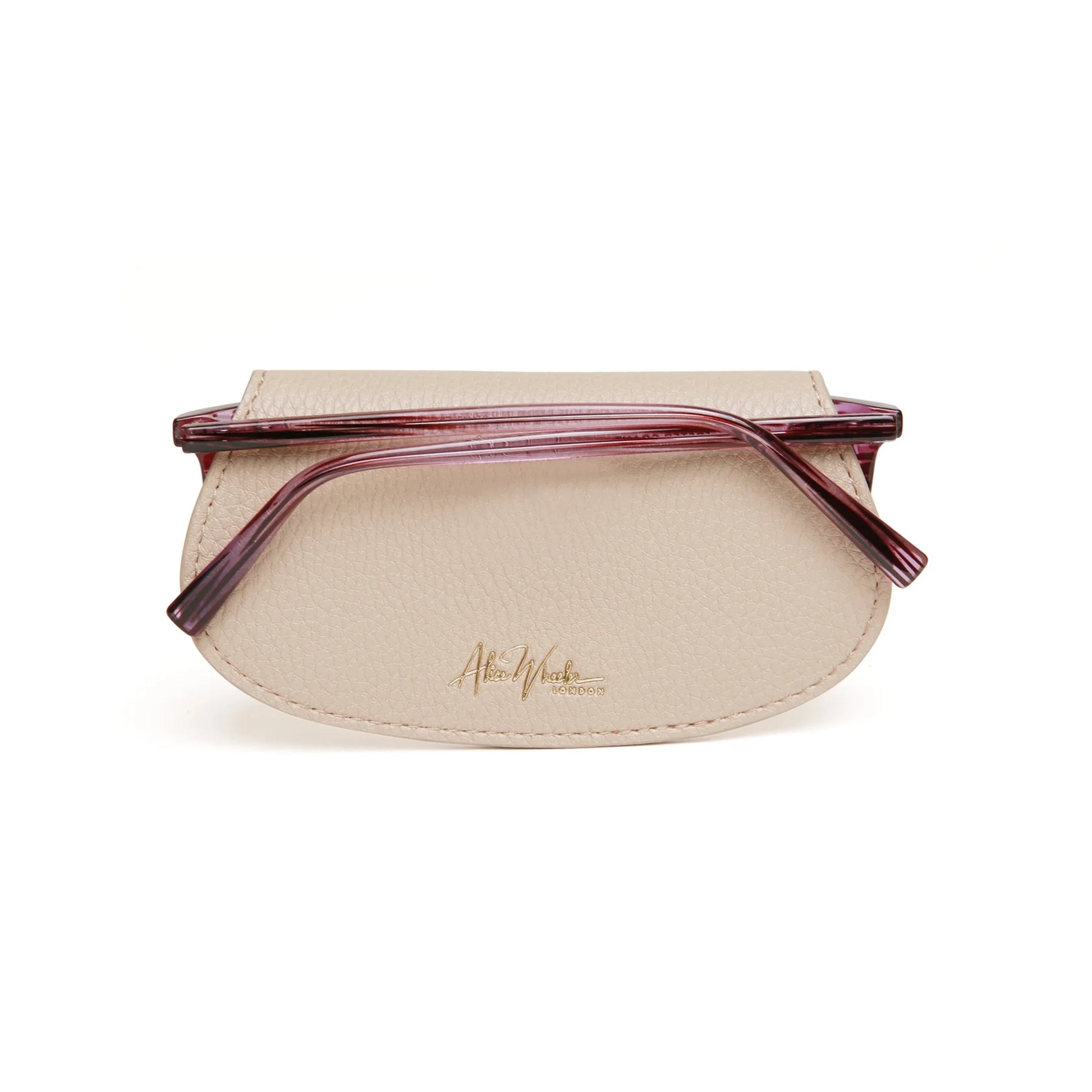 Faux leather stone coloured glasses case with glasses inside and Alice Wheeler logo in gold