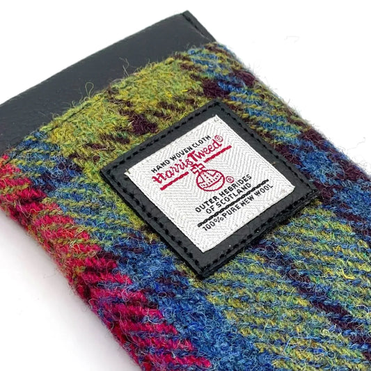 Harris Tweed orb on glasses sleeve in pink, green and blue check