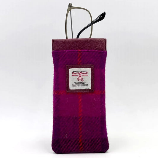 A Harris Tweed glasses sleeve in bright purple check