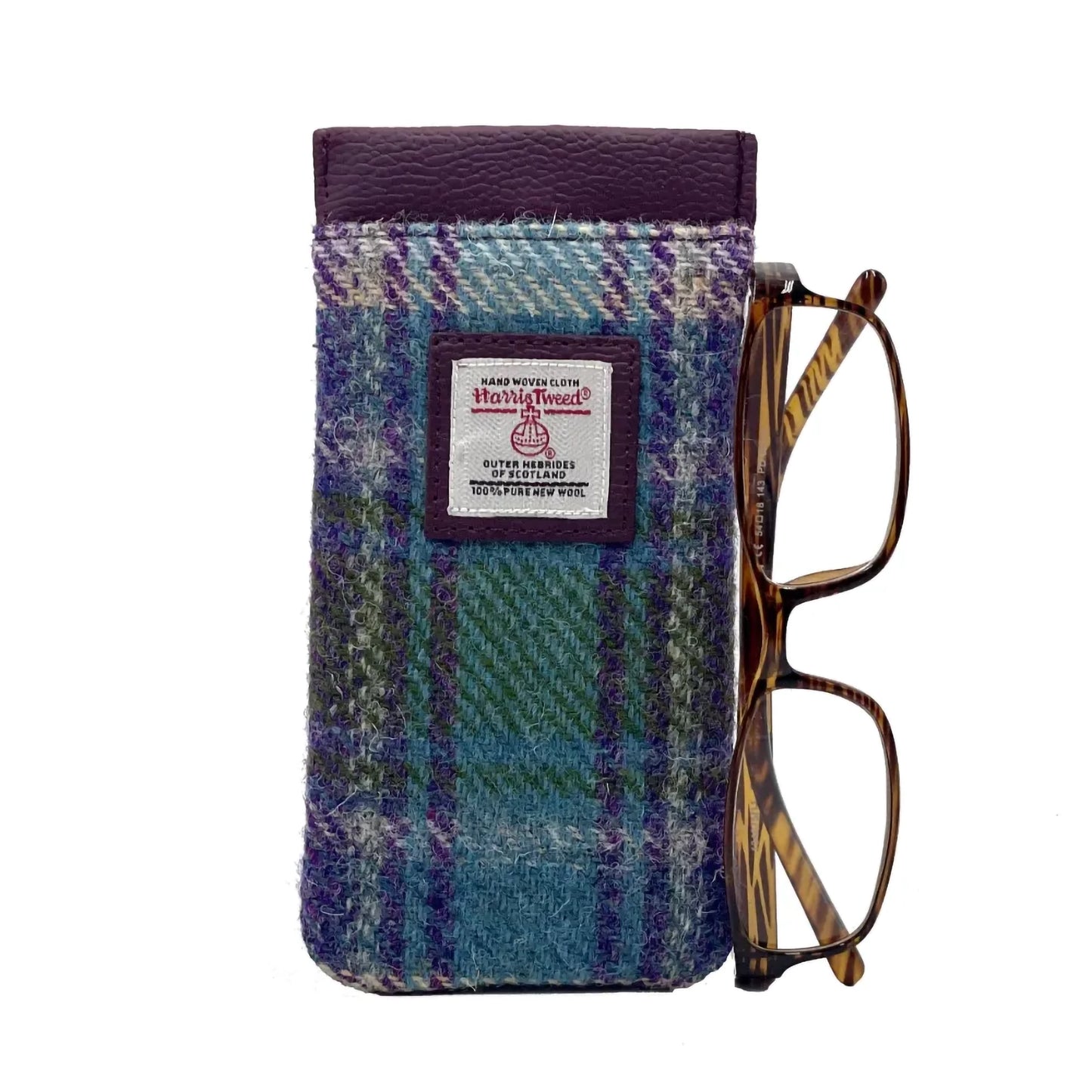 A Harris Tweed glasses sleeve in purple, green and blue plaid