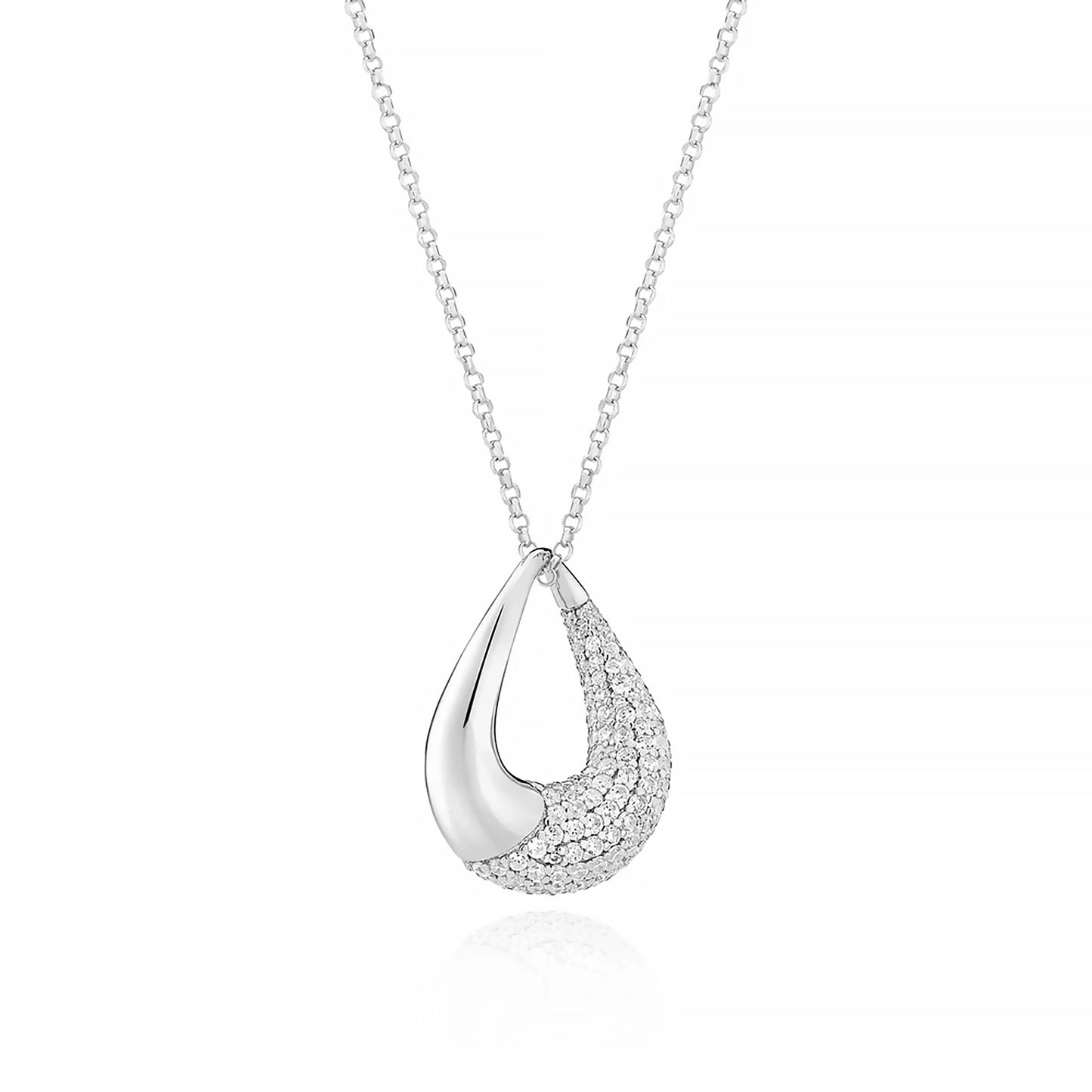 A curved teardrop shaped silver necklace half set with CZ stones