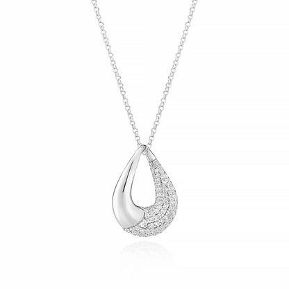 A curved teardrop shaped silver necklace half set with CZ stones
