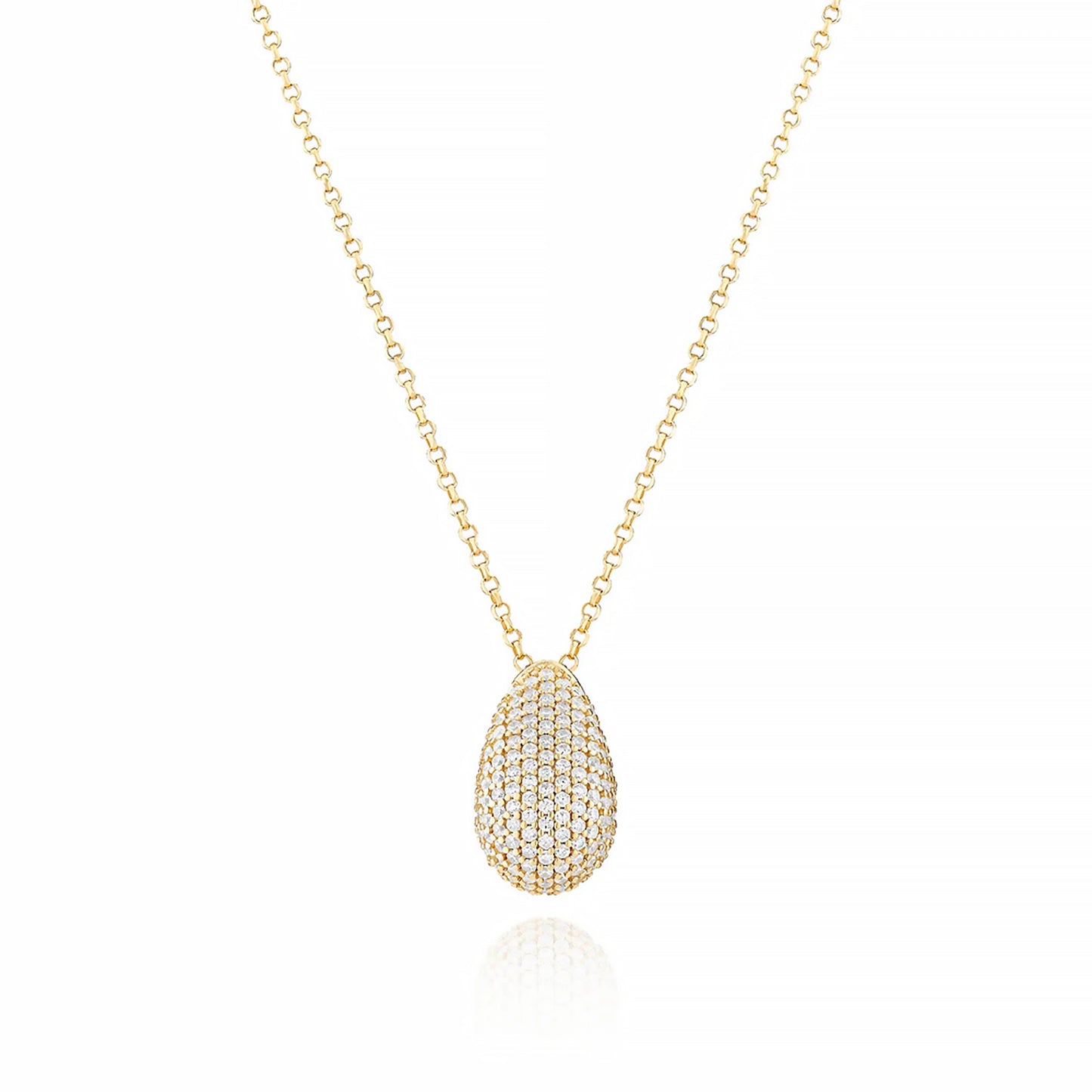 A curved teardrop pendant with gold chain and CZ stones