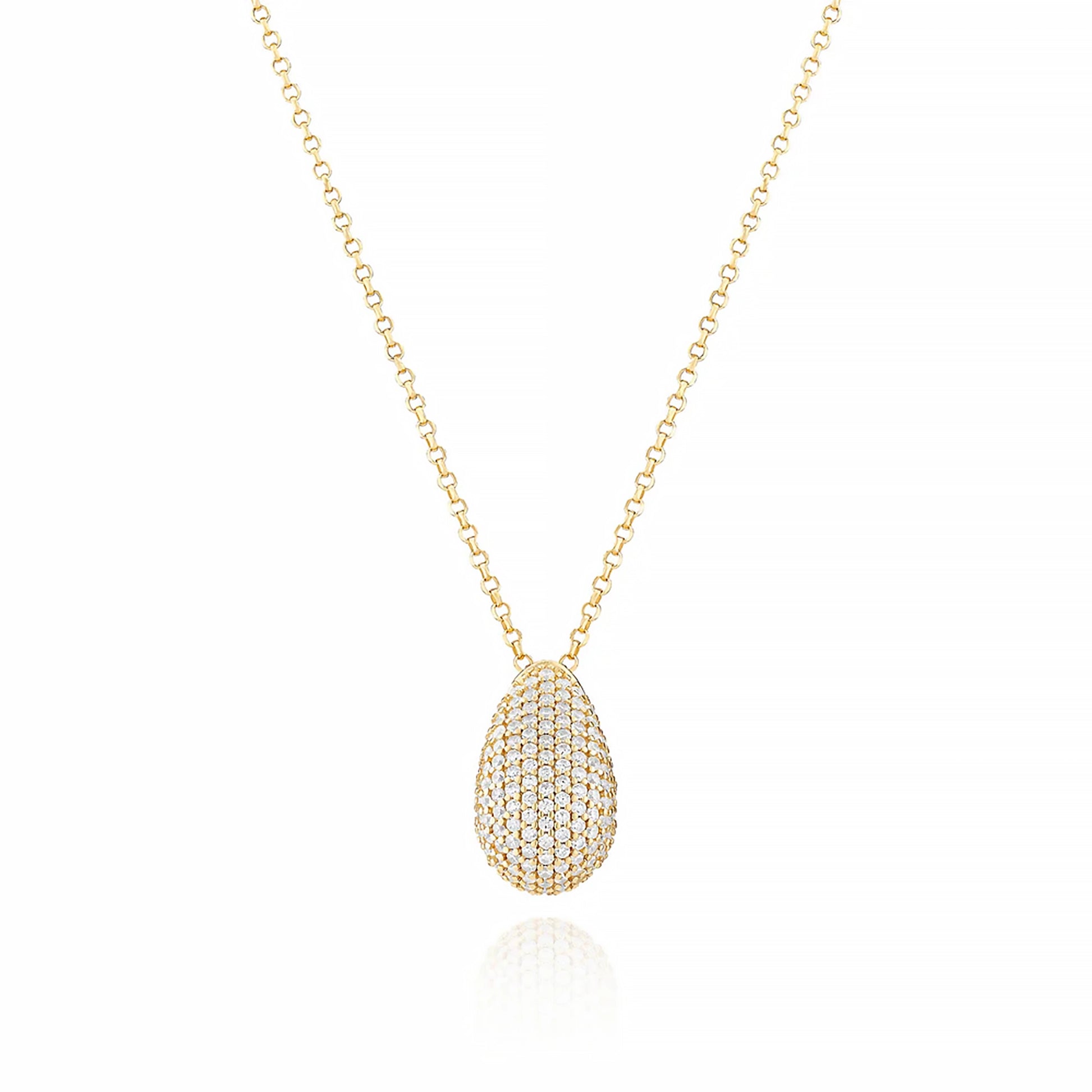 A curved teardrop pendant with gold chain and CZ stones