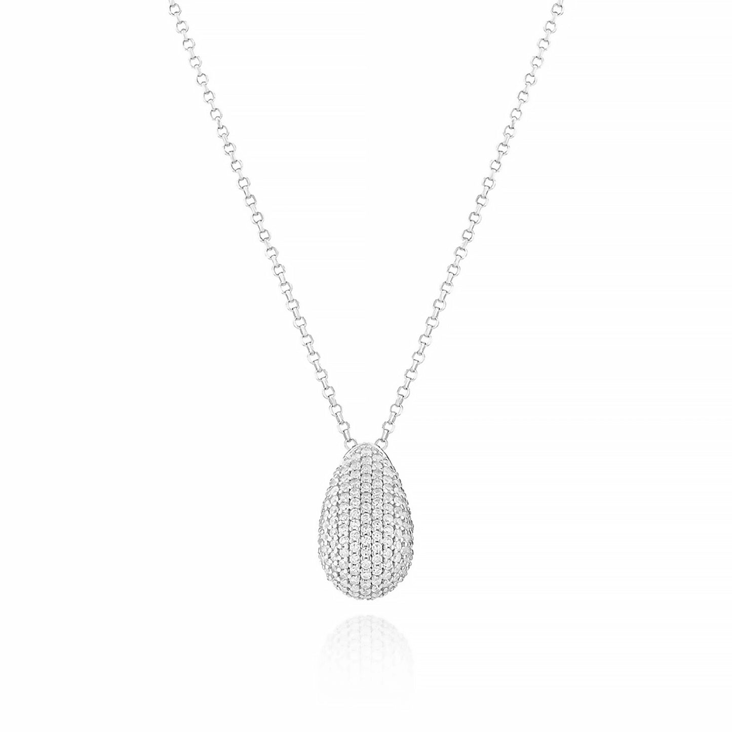 A curved teardrop pendant with silver chain and CZ stones