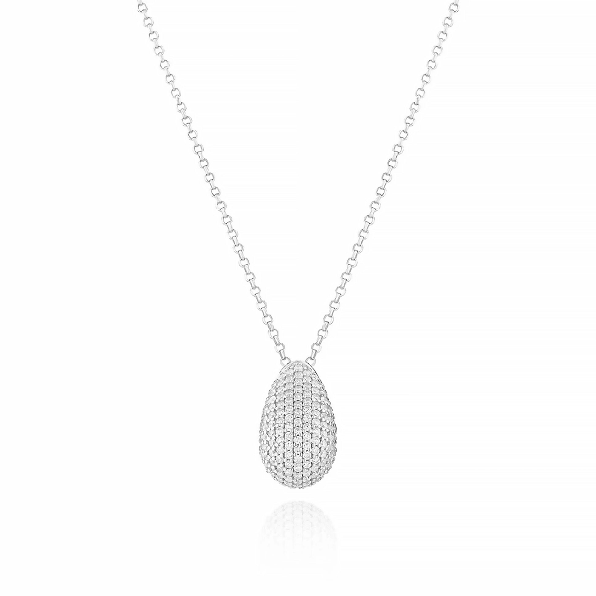A curved teardrop pendant with silver chain and CZ stones