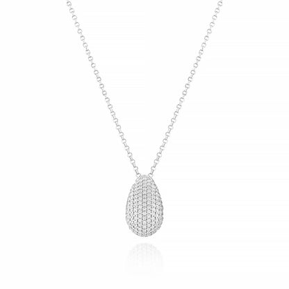 A curved teardrop pendant with silver chain and CZ stones