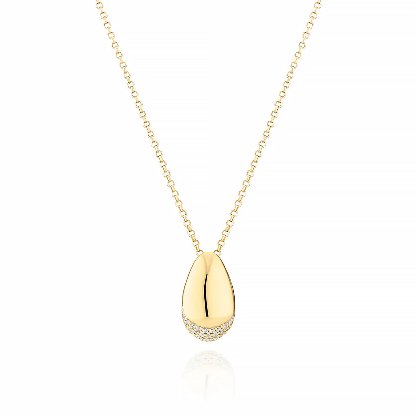 A curved gold pendant with bevel in the centre and CZ stones at the base