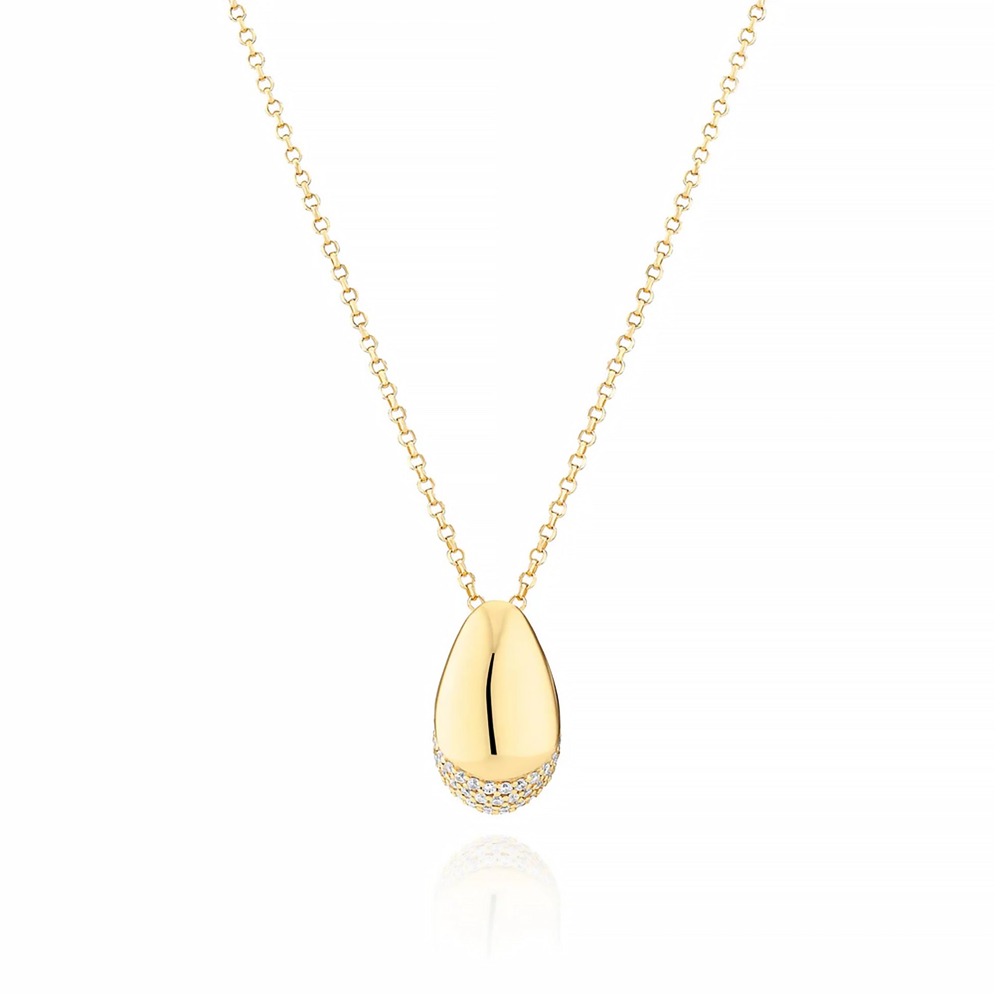 A curved gold pendant with bevel in the centre and CZ stones at the base